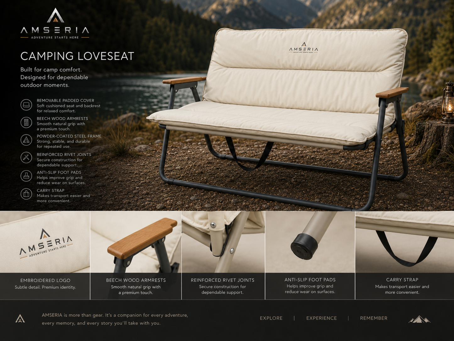 Amseria Ridgeway Camping Loveseat — Premium Two-Person Folding Camp Chair